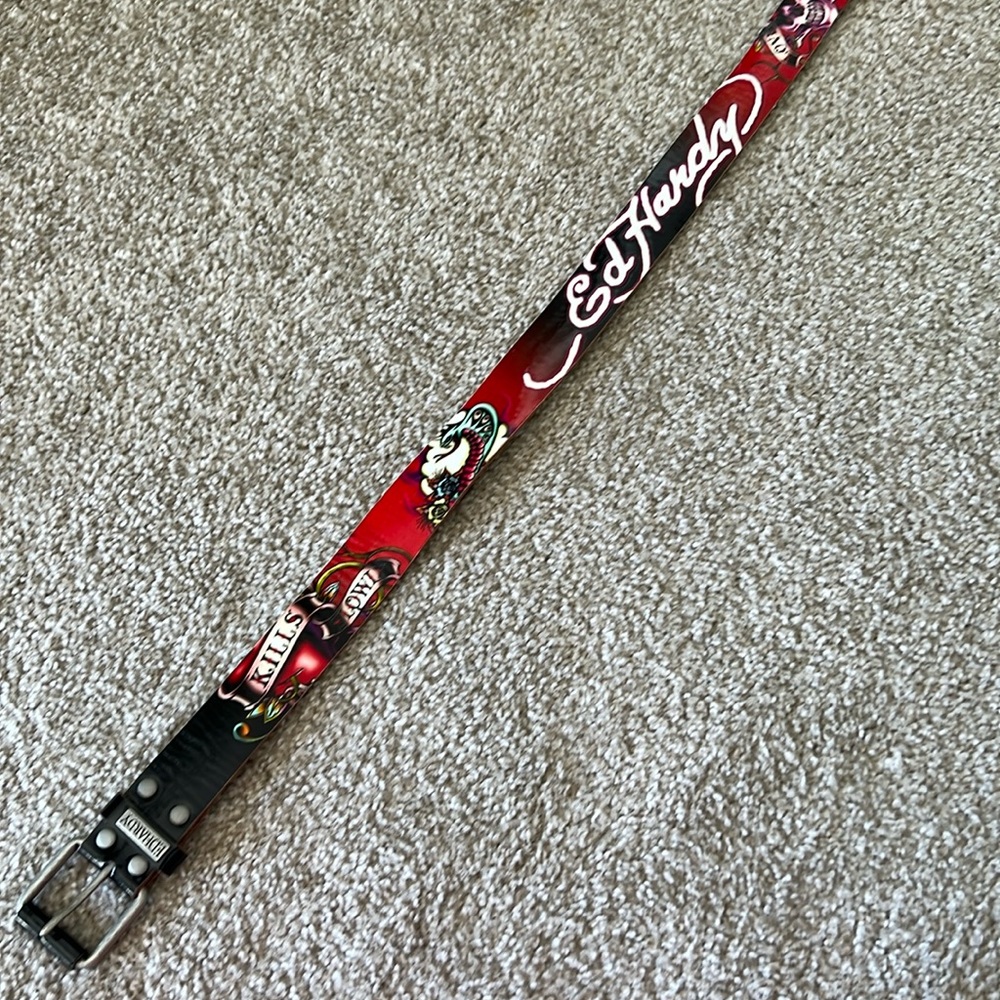 Ed hardy love kills slowly red & black belt with skull, heart, snake size medium